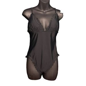 NICE J. CREW BLACK Lined Scalloped One Piece Swimsuit, SIZE Medium Good CONDITIO